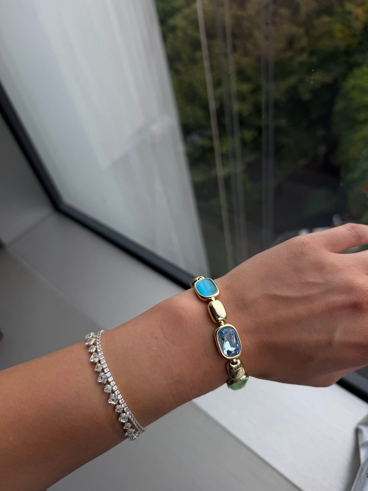 Gold Multicolor Stone Bracelet - Green / Blue-2