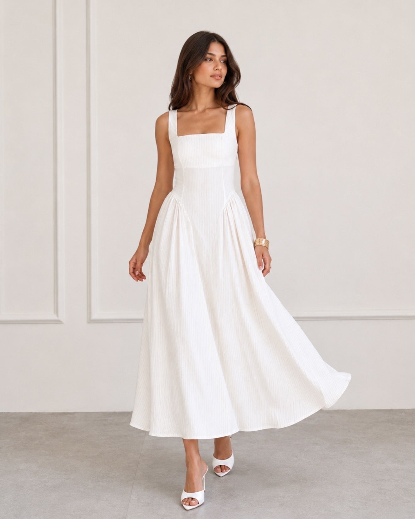 White Midi Dress - Grey Pinstripes