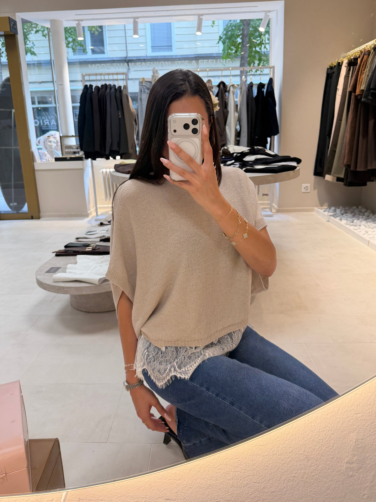 Pullover with Lace Detail - Beige-2