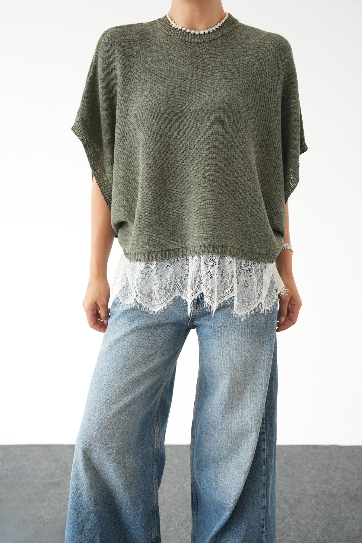 Pullover with Lace Detail - Olive-2