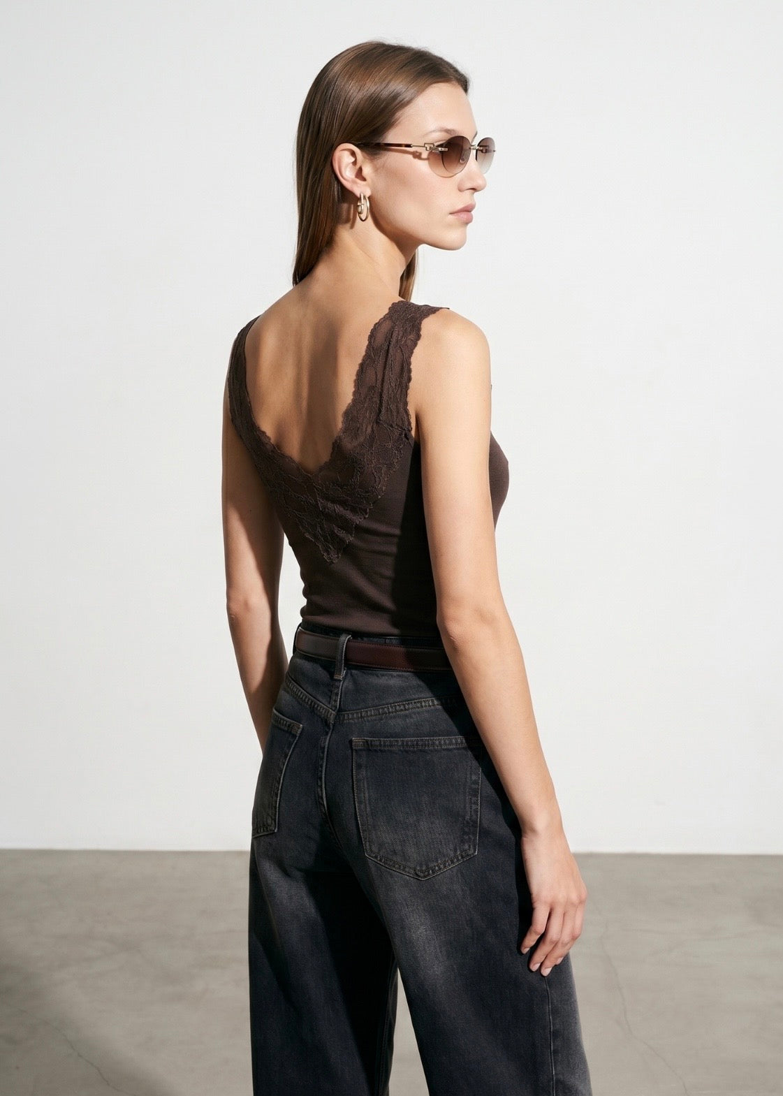 Lace Detail Tank Top -  Brown-3