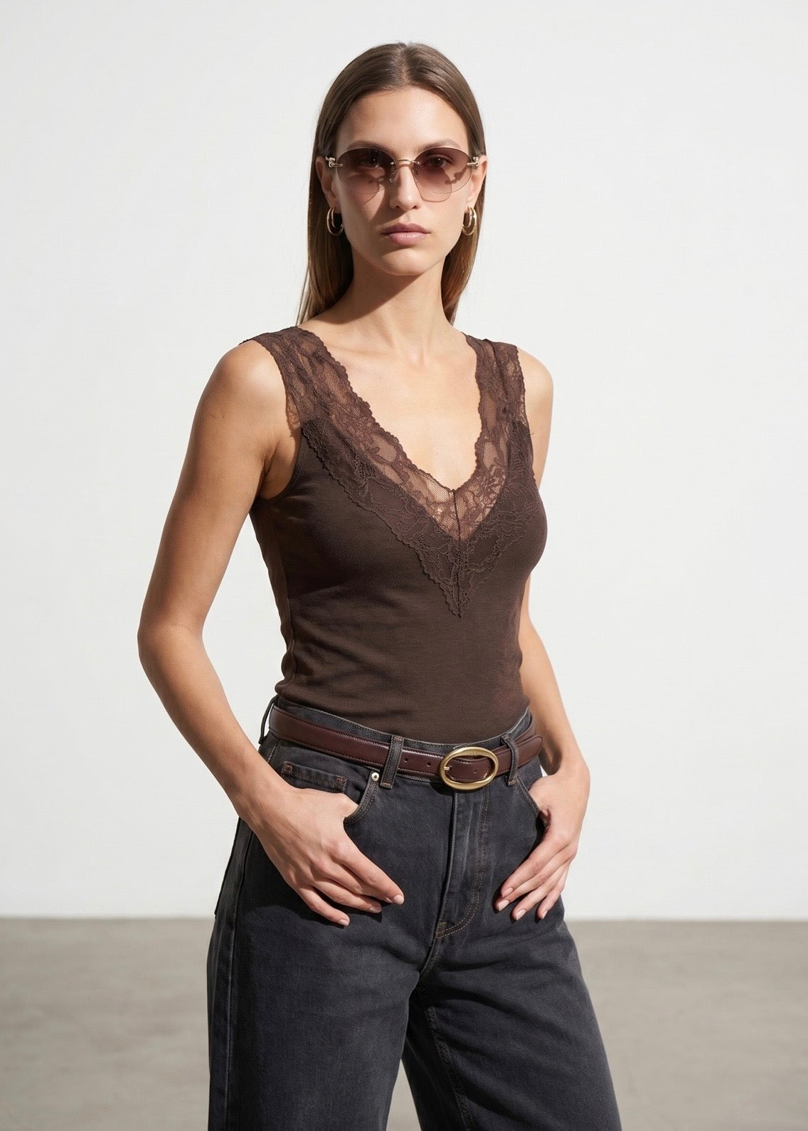 Lace Detail Tank Top -  Brown-2