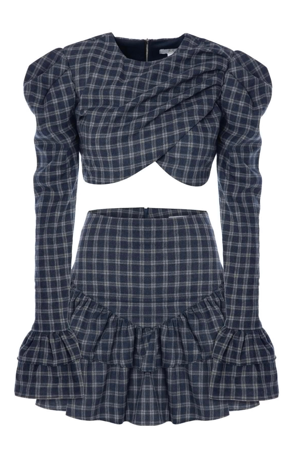 Linda Set – Structured Blouse & Skirt in Navy Check