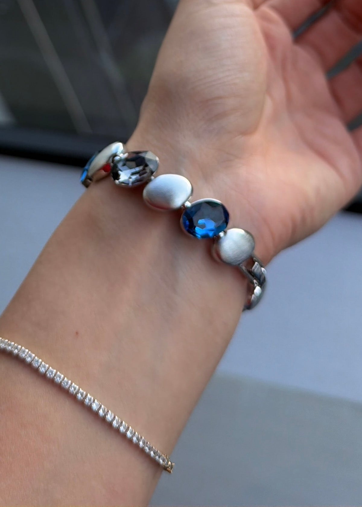 SW Silver Bracelet - Oval-Cut Blue Grey Crystal & Satin Metal-3