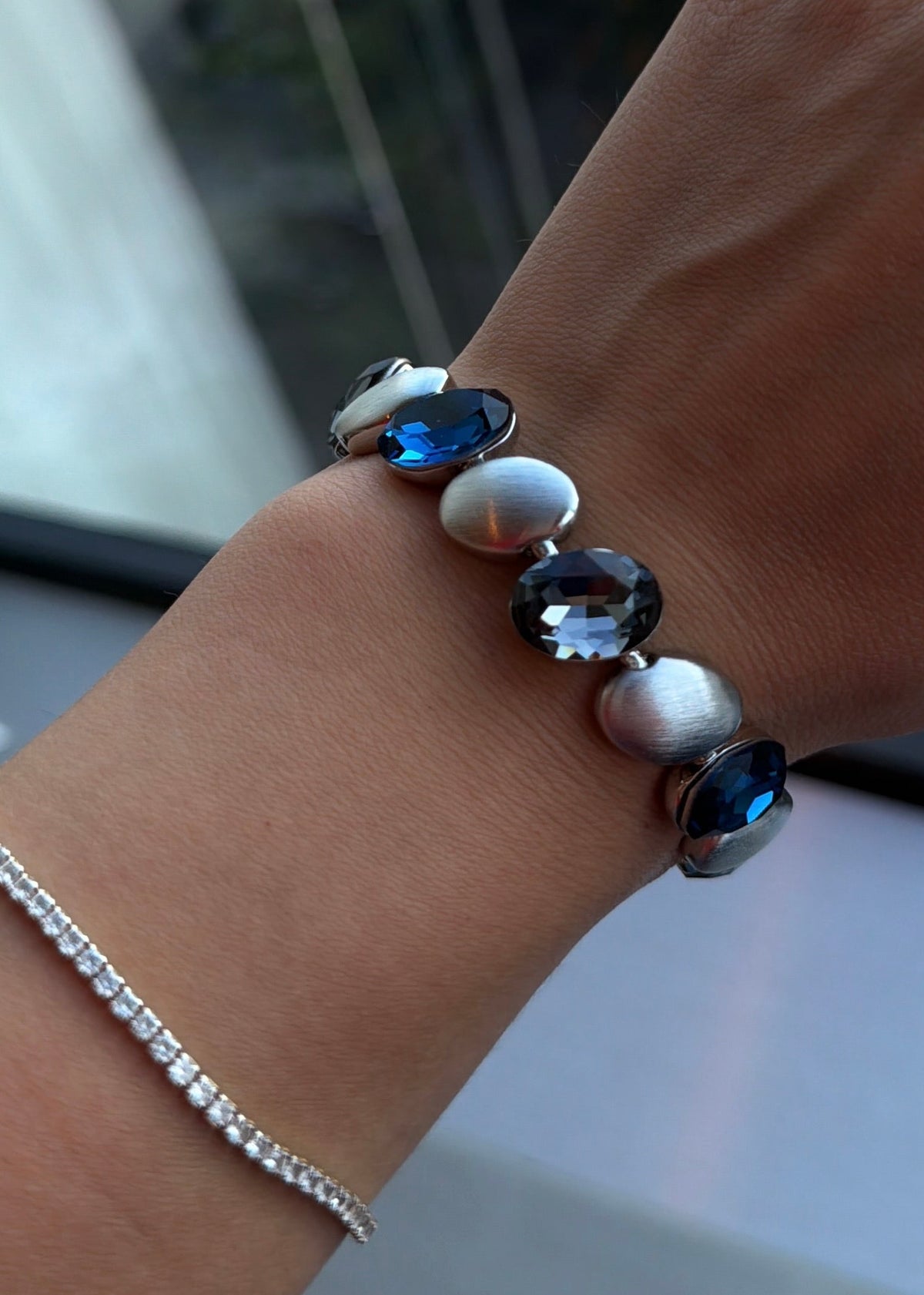 SW Silver Bracelet - Oval-Cut Blue Grey Crystal & Satin Metal-2