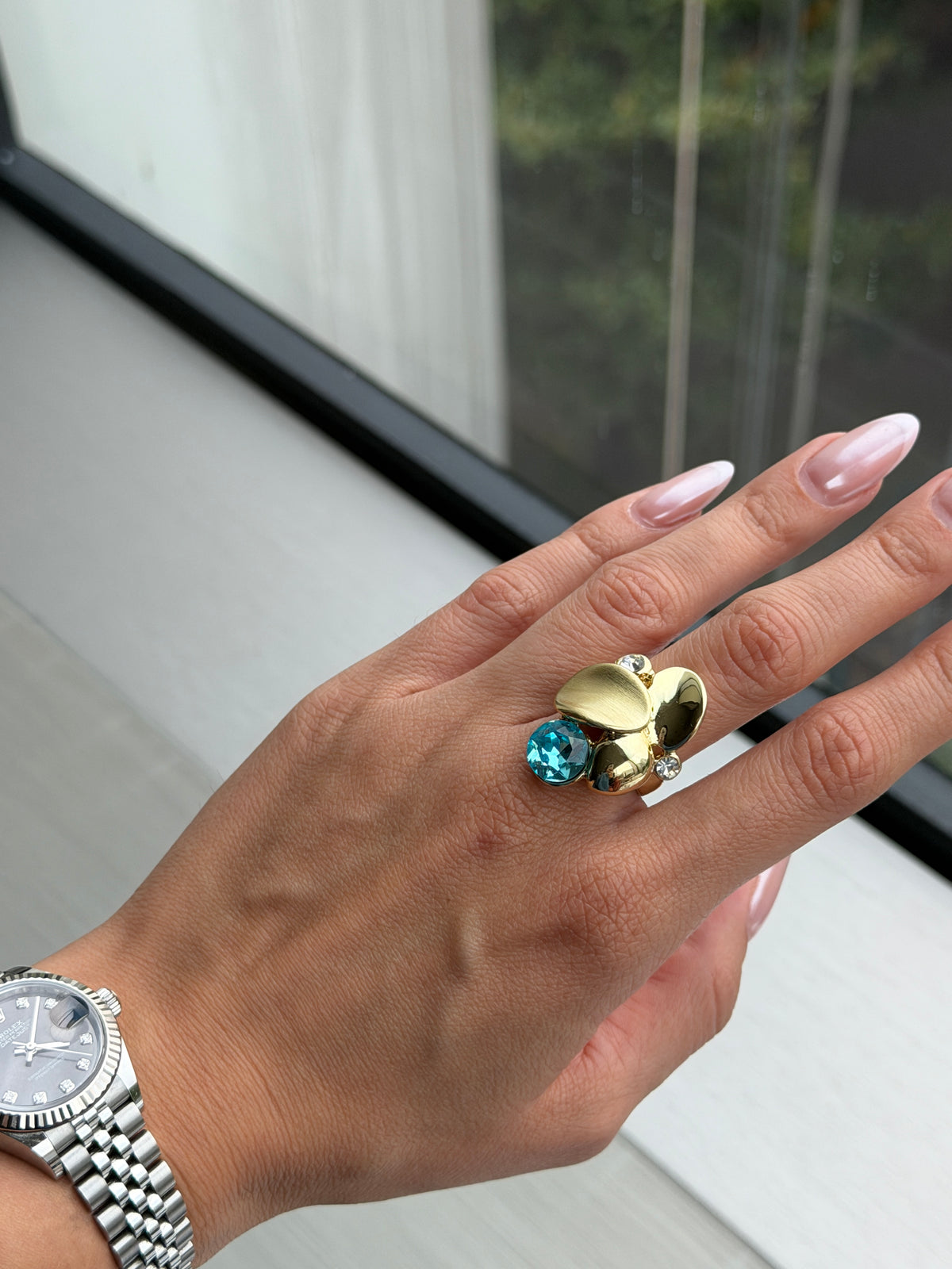 Gold Pebble Statement Ring with Blue Crystal-2