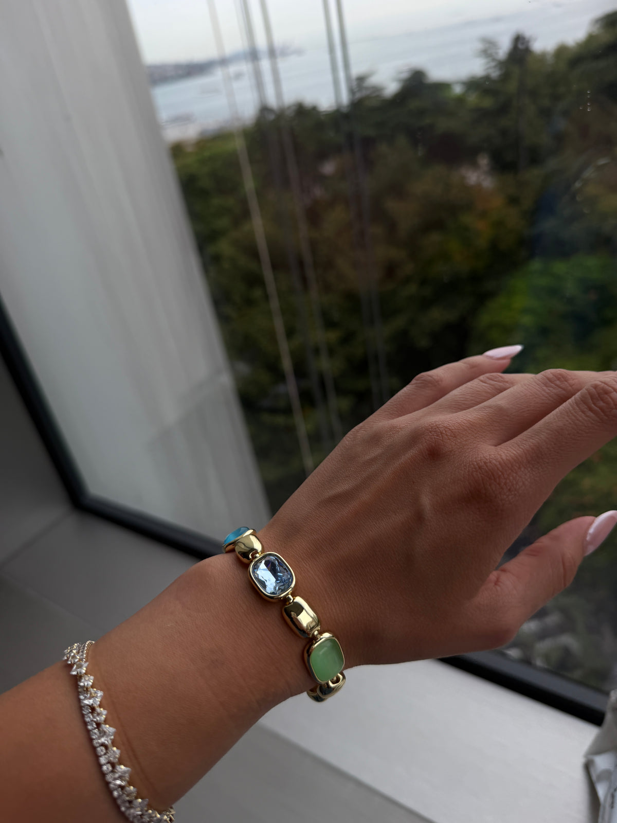 Gold Multicolor Stone Bracelet - Green / Blue-1