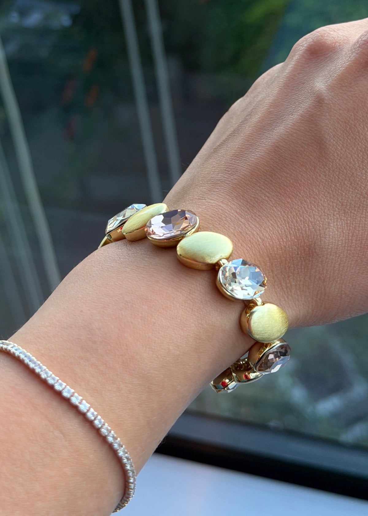 SW Gold Bracelet - Oval-Cut Champagne Rose Crystal & Satin Metal-1