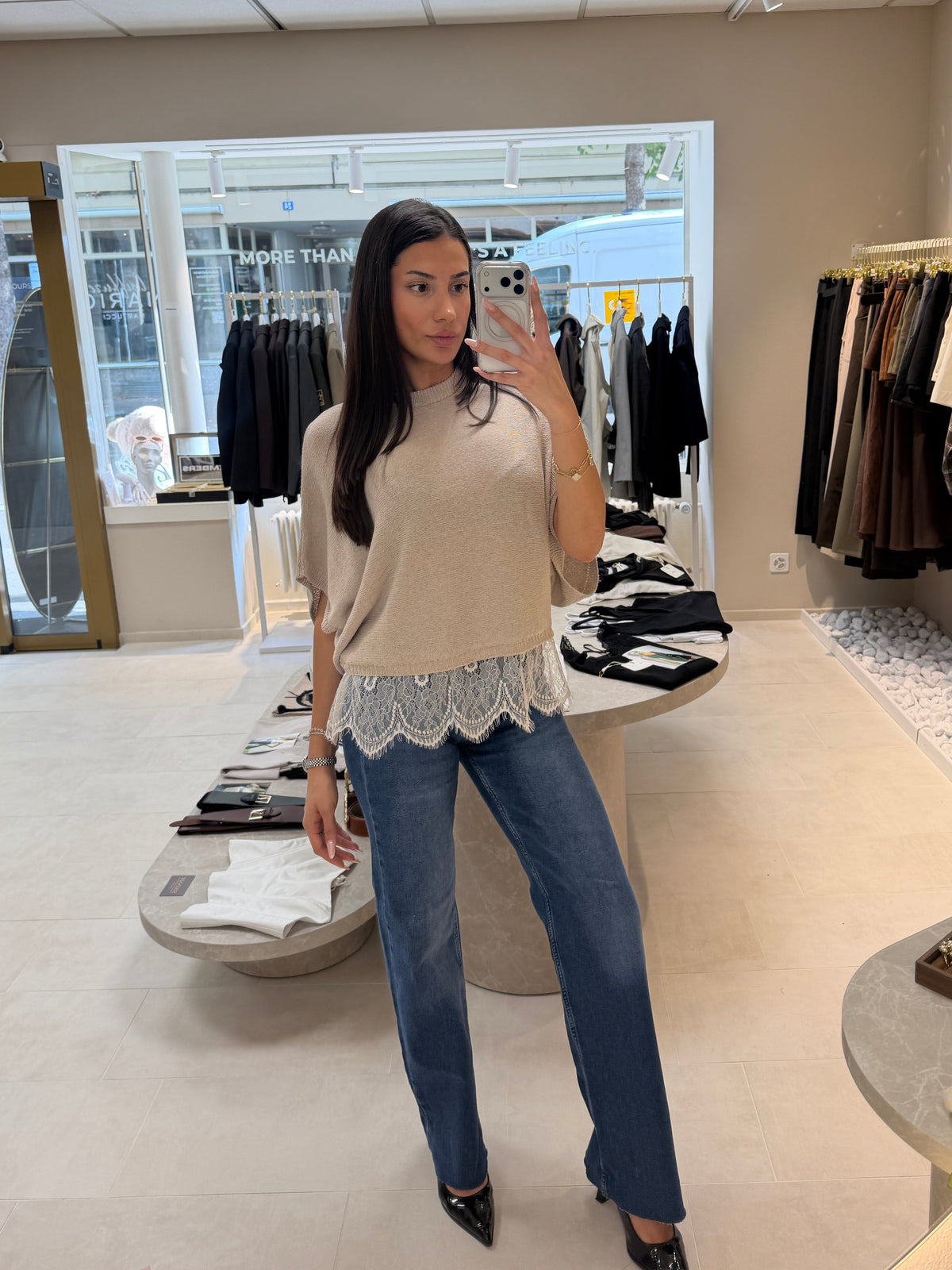 Pullover with Lace Detail - Beige-1