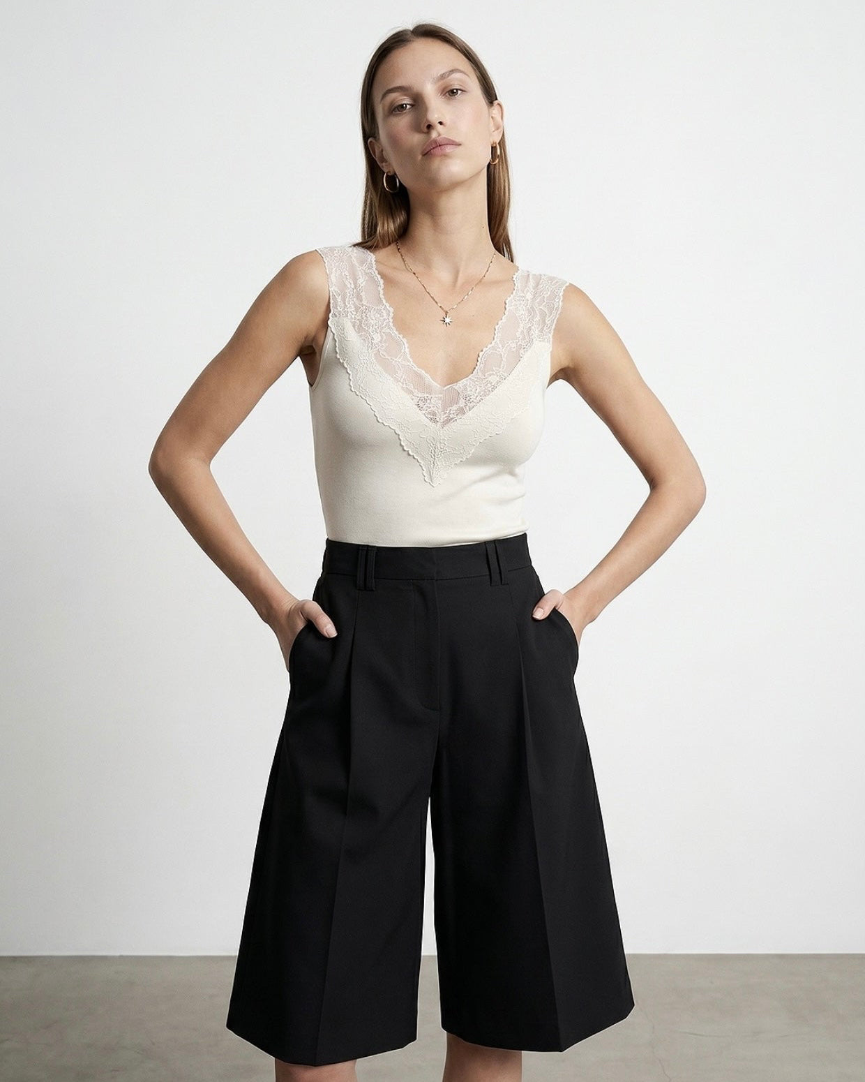 Lace Detail Tank Top - Stone-1