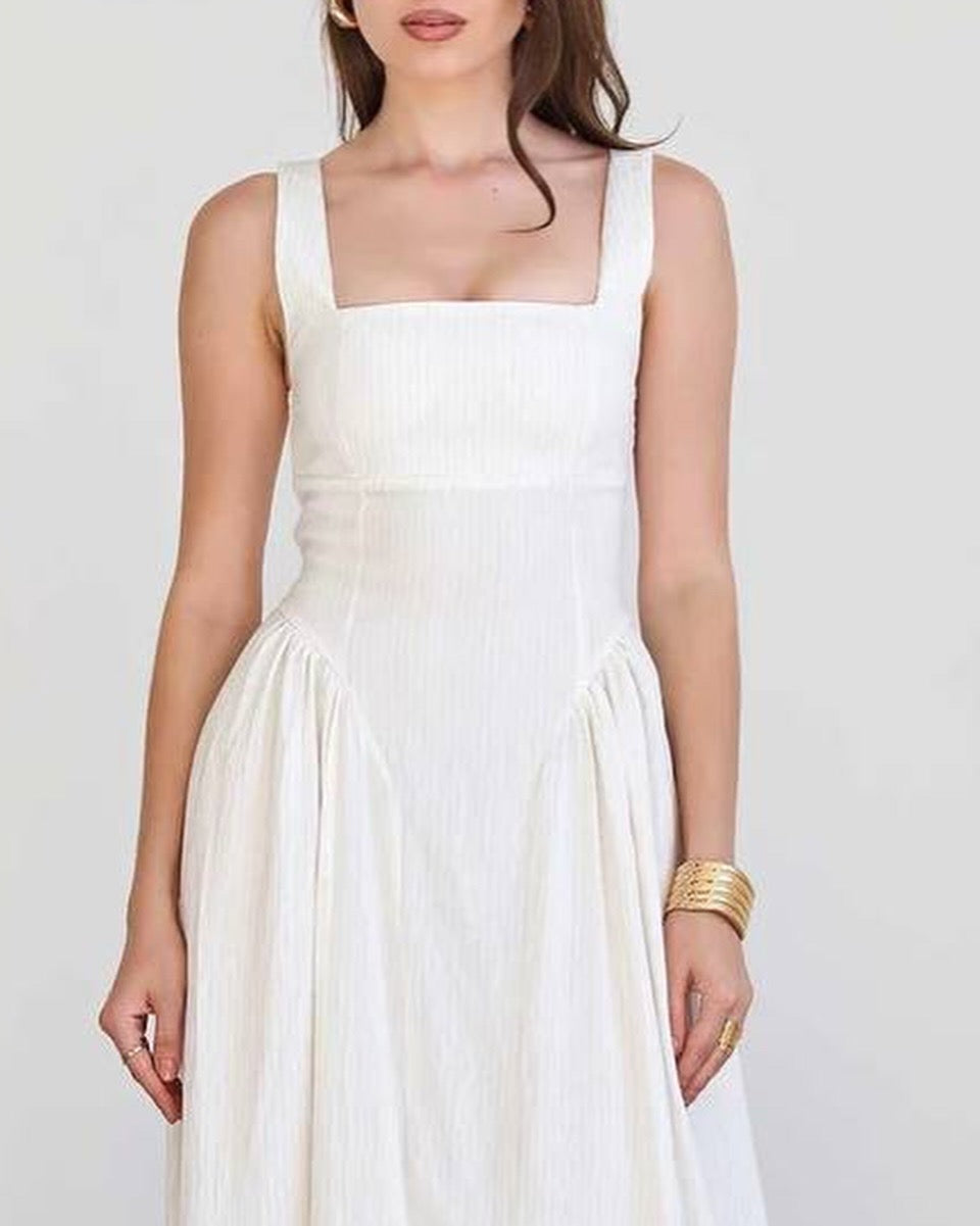 White Midi Dress - Grey Pinstripes