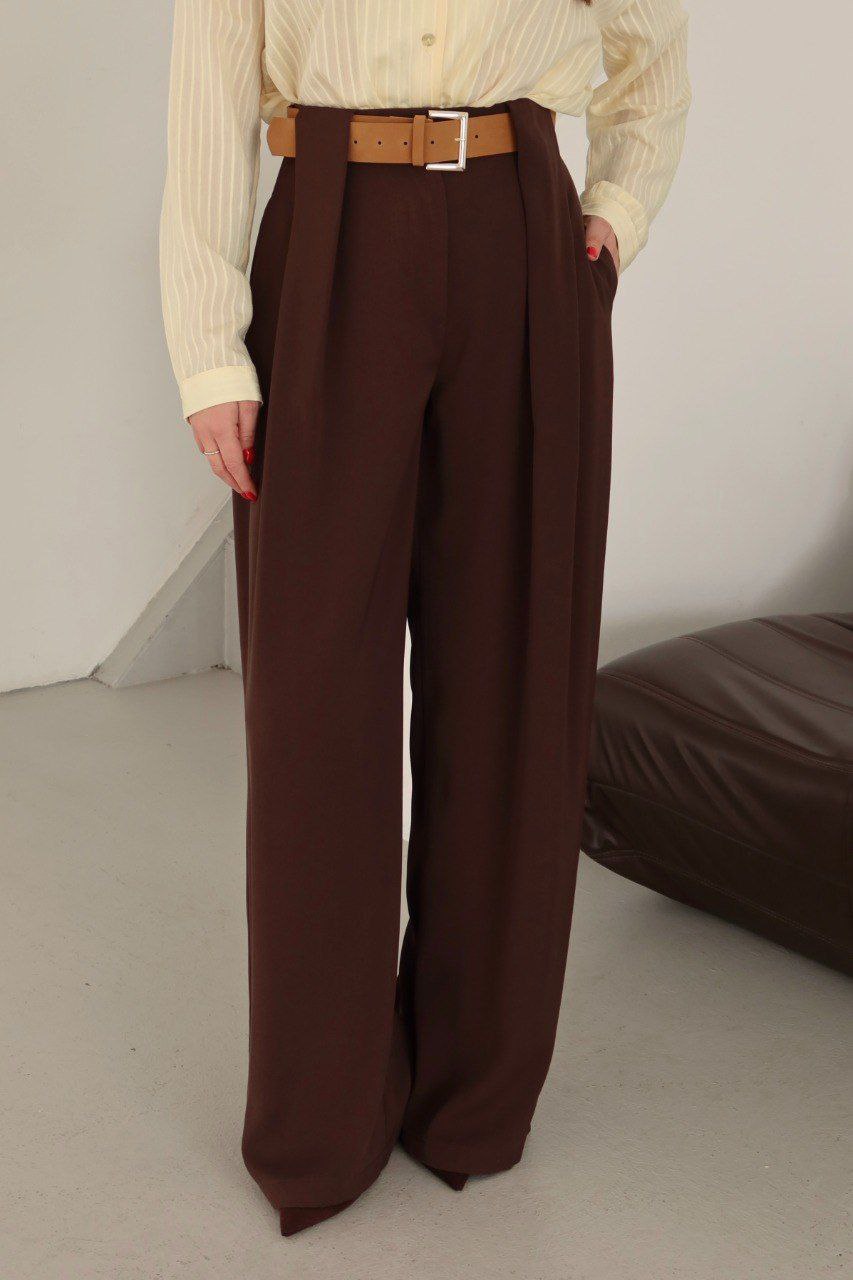 Palazzo Trousers with Belt – Dark Brown