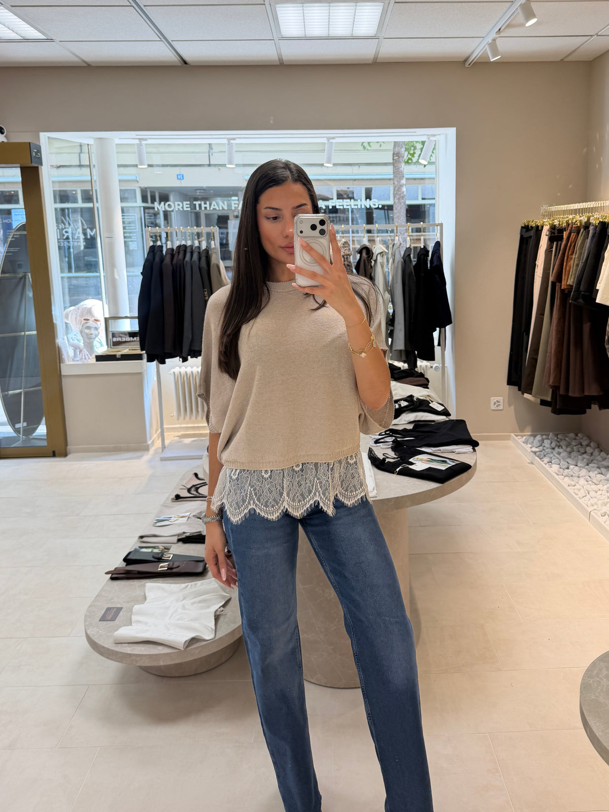 Pullover with Lace Detail - Beige-3
