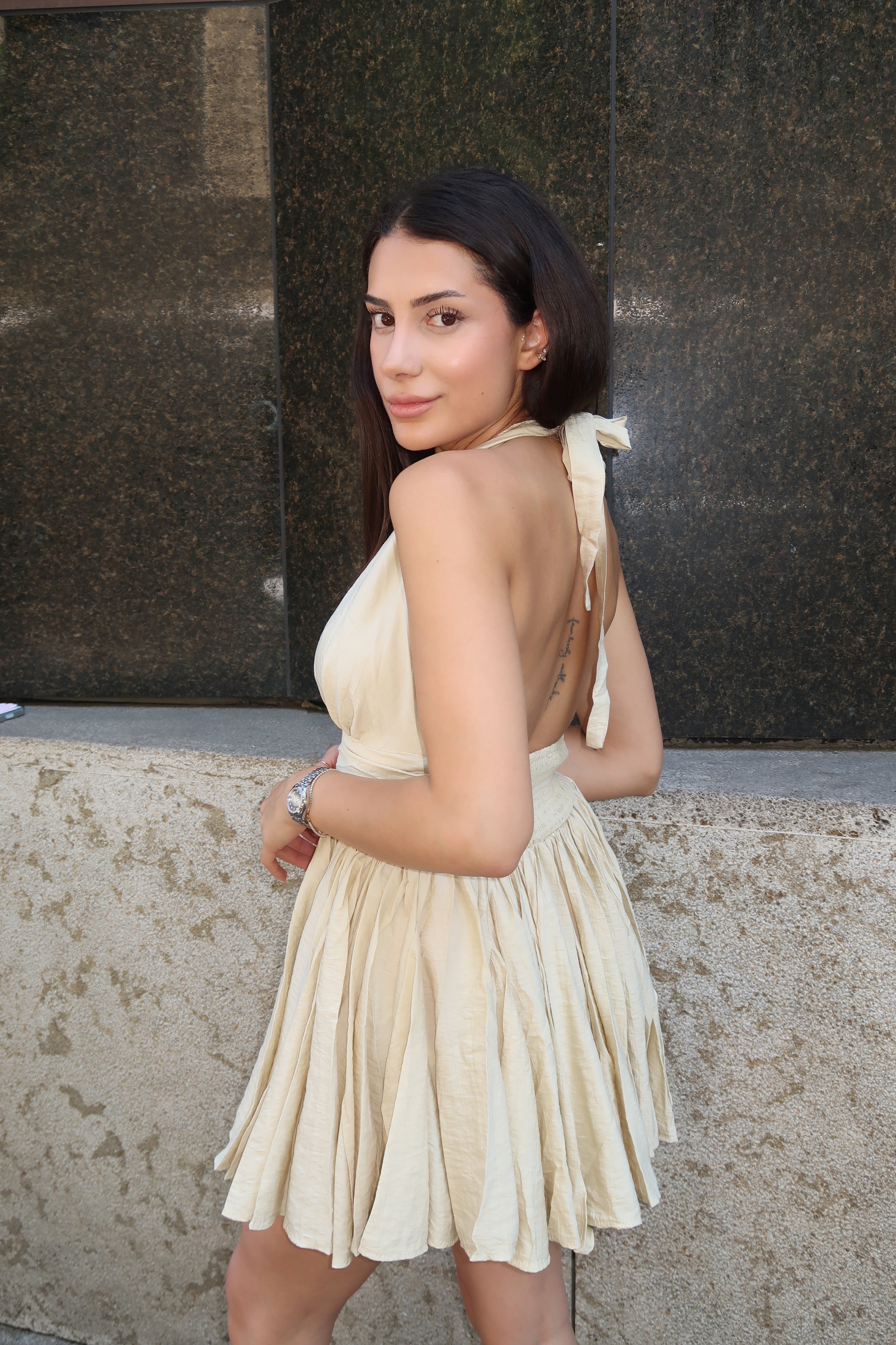 Rosé Allure Mini Dress – Pale Khaki-5