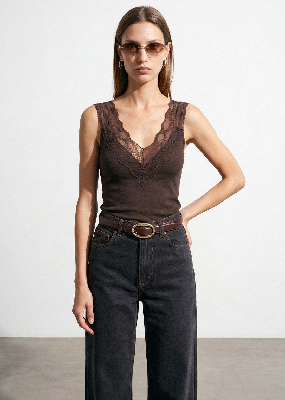 Lace Detail Tank Top -  Brown-1