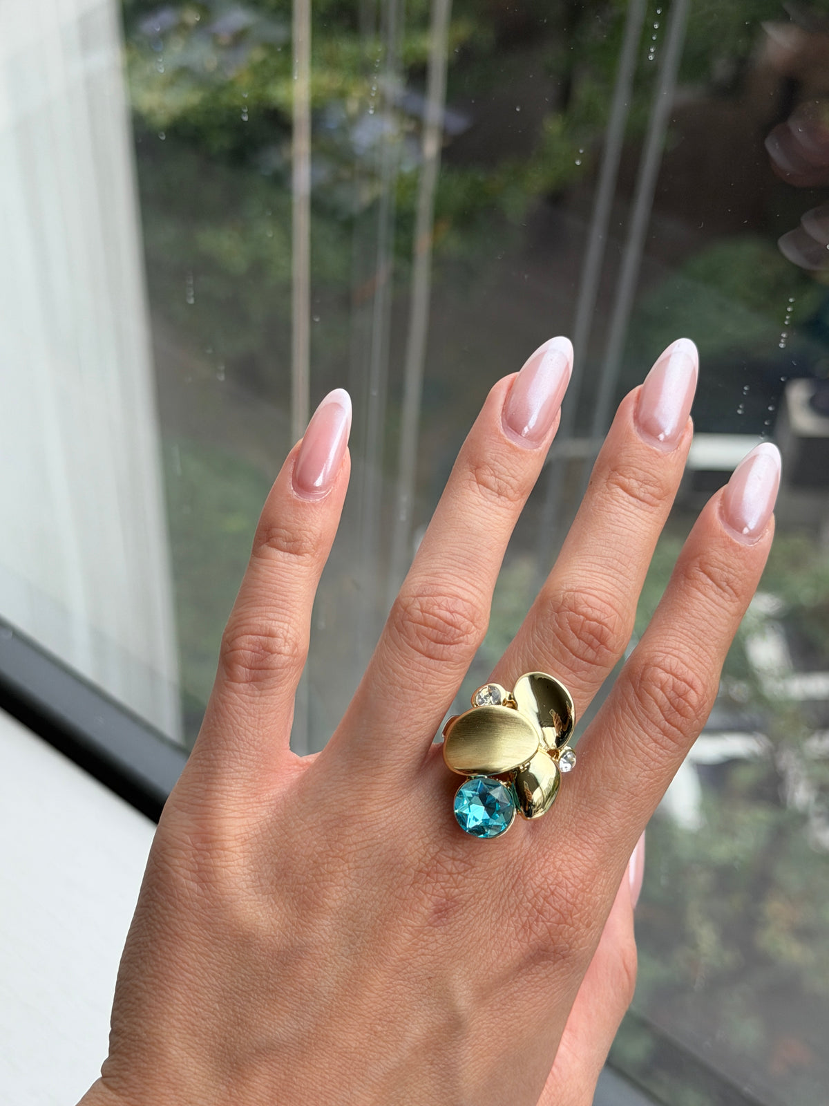 Gold Pebble Statement Ring with Blue Crystal-4