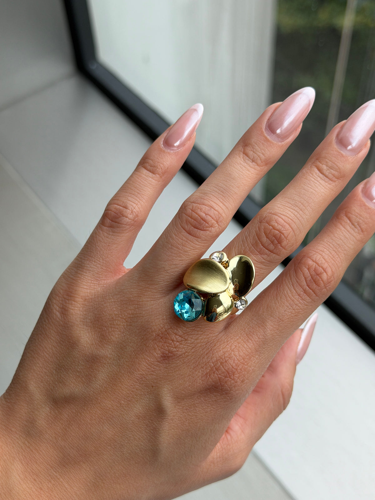 Gold Pebble Statement Ring with Blue Crystal-1