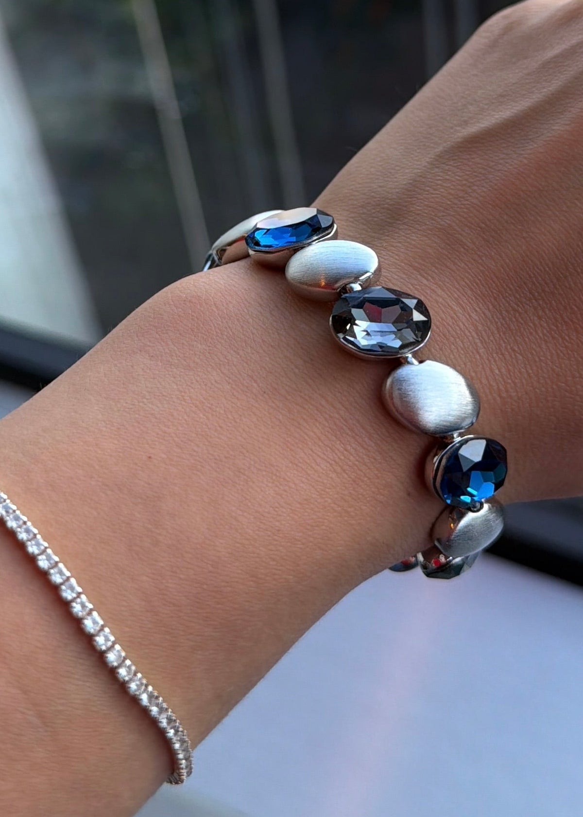 SW Silver Bracelet - Oval-Cut Blue Grey Crystal & Satin Metal-1