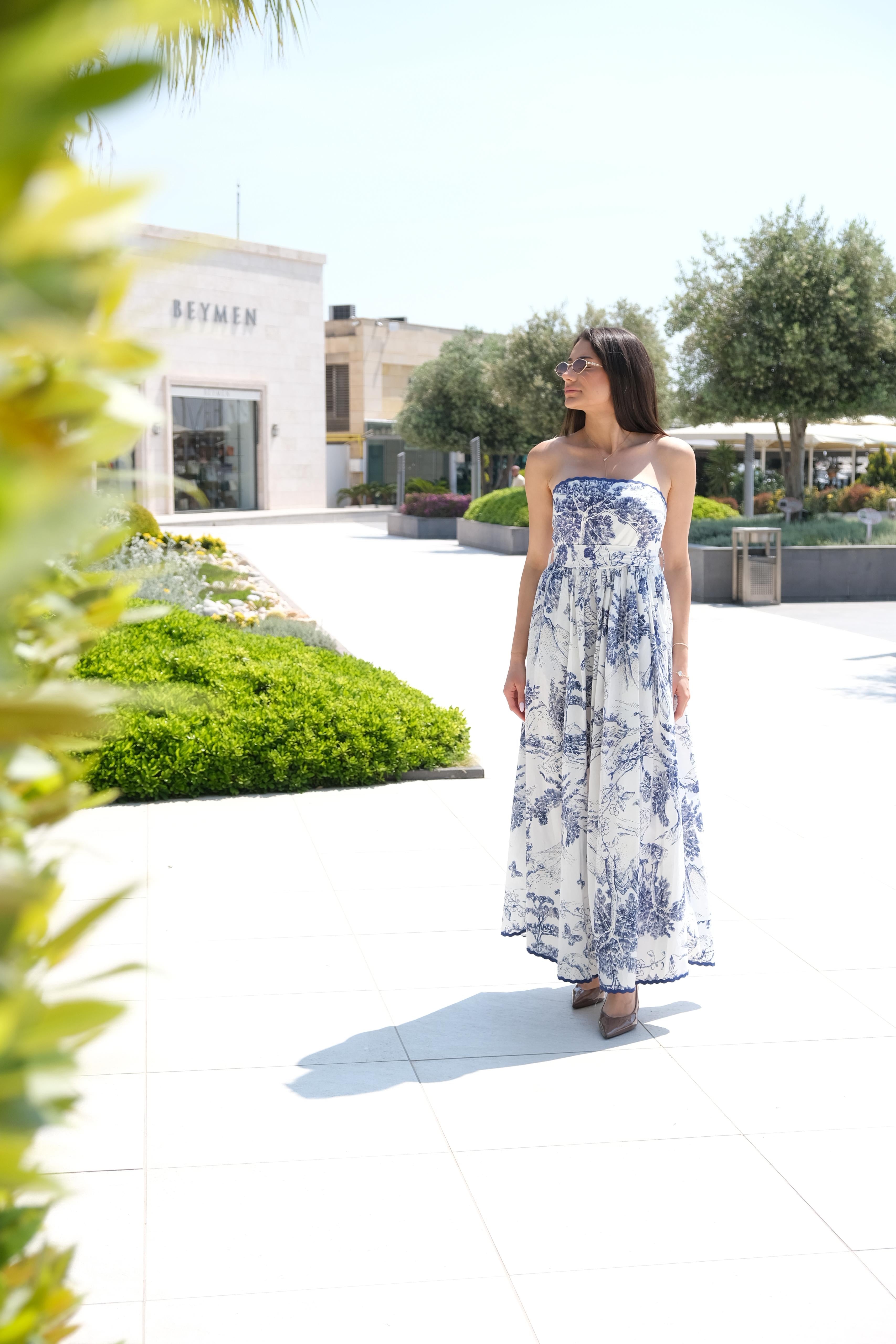 Bleu Jardin Midi Dress – White & Blue