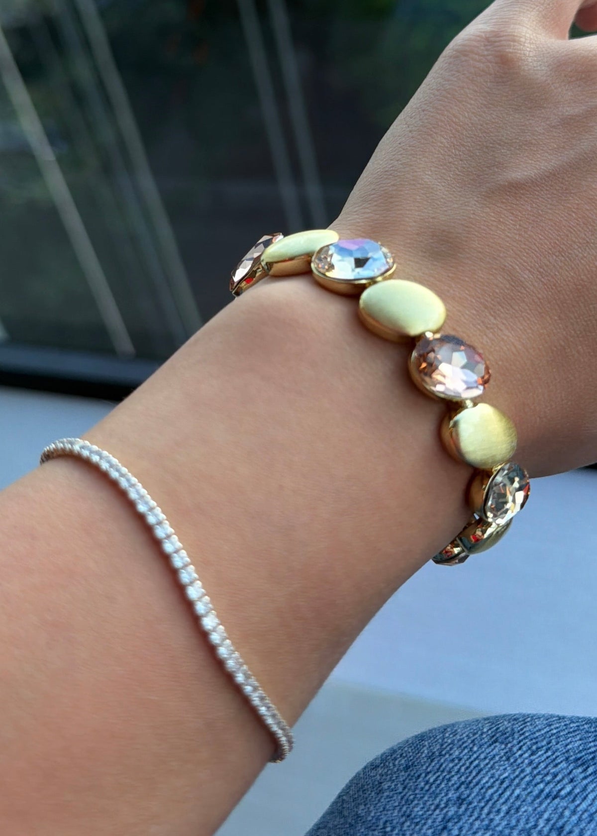 SW Gold Bracelet - Oval-Cut Champagne Rose Crystal & Satin Metal-2