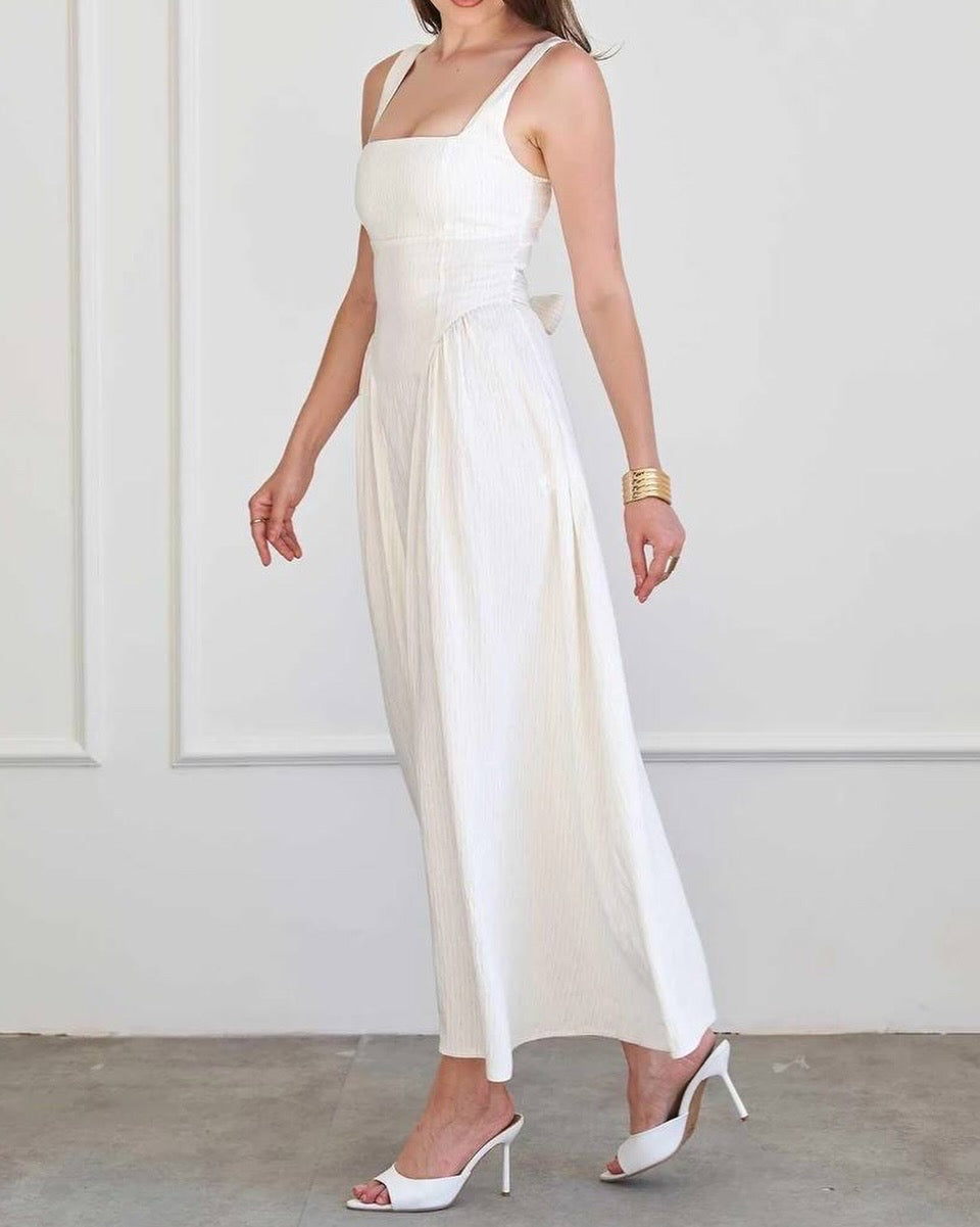 White Midi Dress - Grey Pinstripes