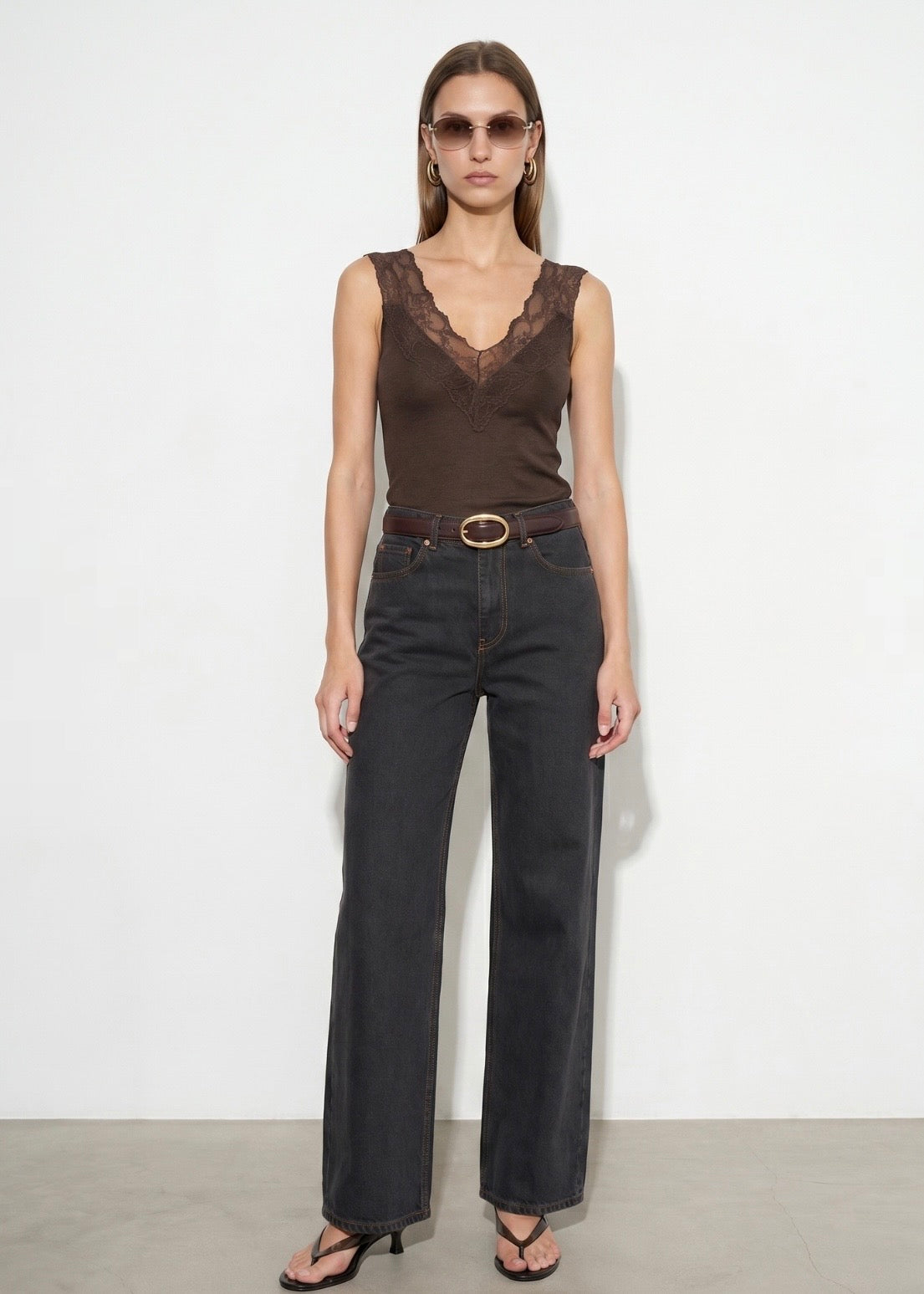 Lace Detail Tank Top -  Brown-4
