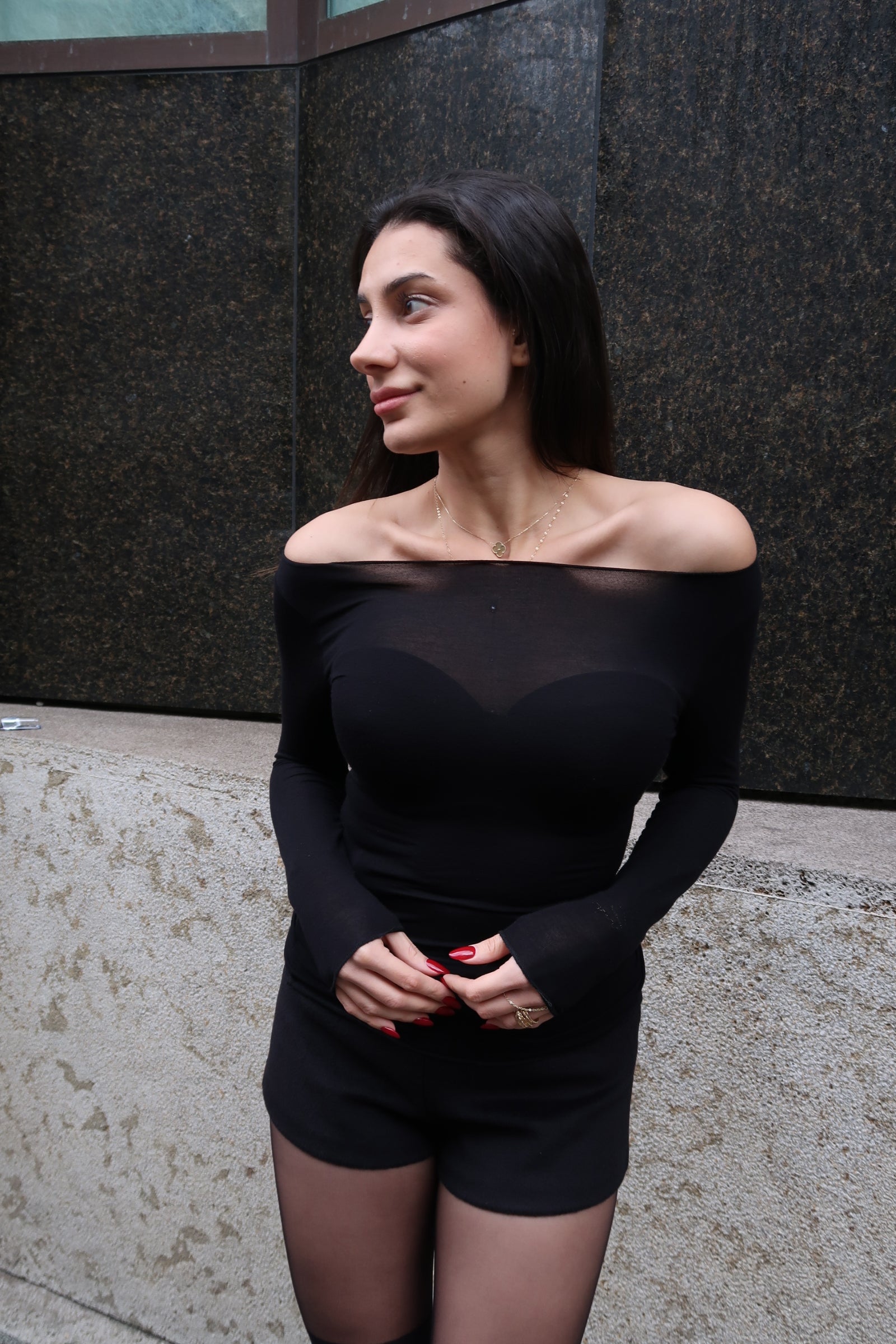 Long Sleeve Boat Neck - Black Transparent