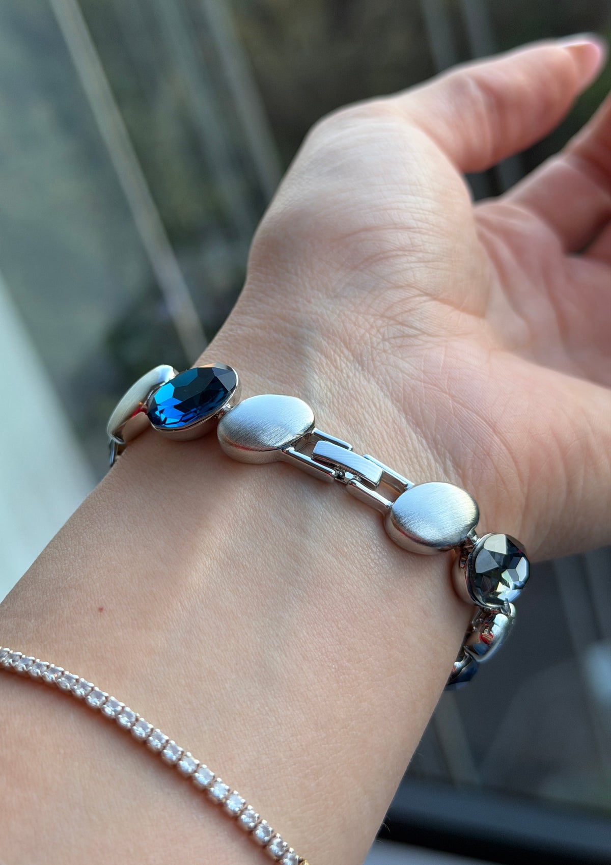 SW Silver Bracelet - Oval-Cut Blue Grey Crystal & Satin Metal-4