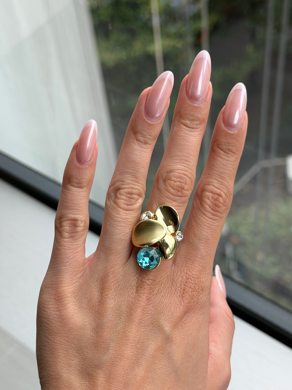 Gold Pebble Statement Ring with Blue Crystal-3