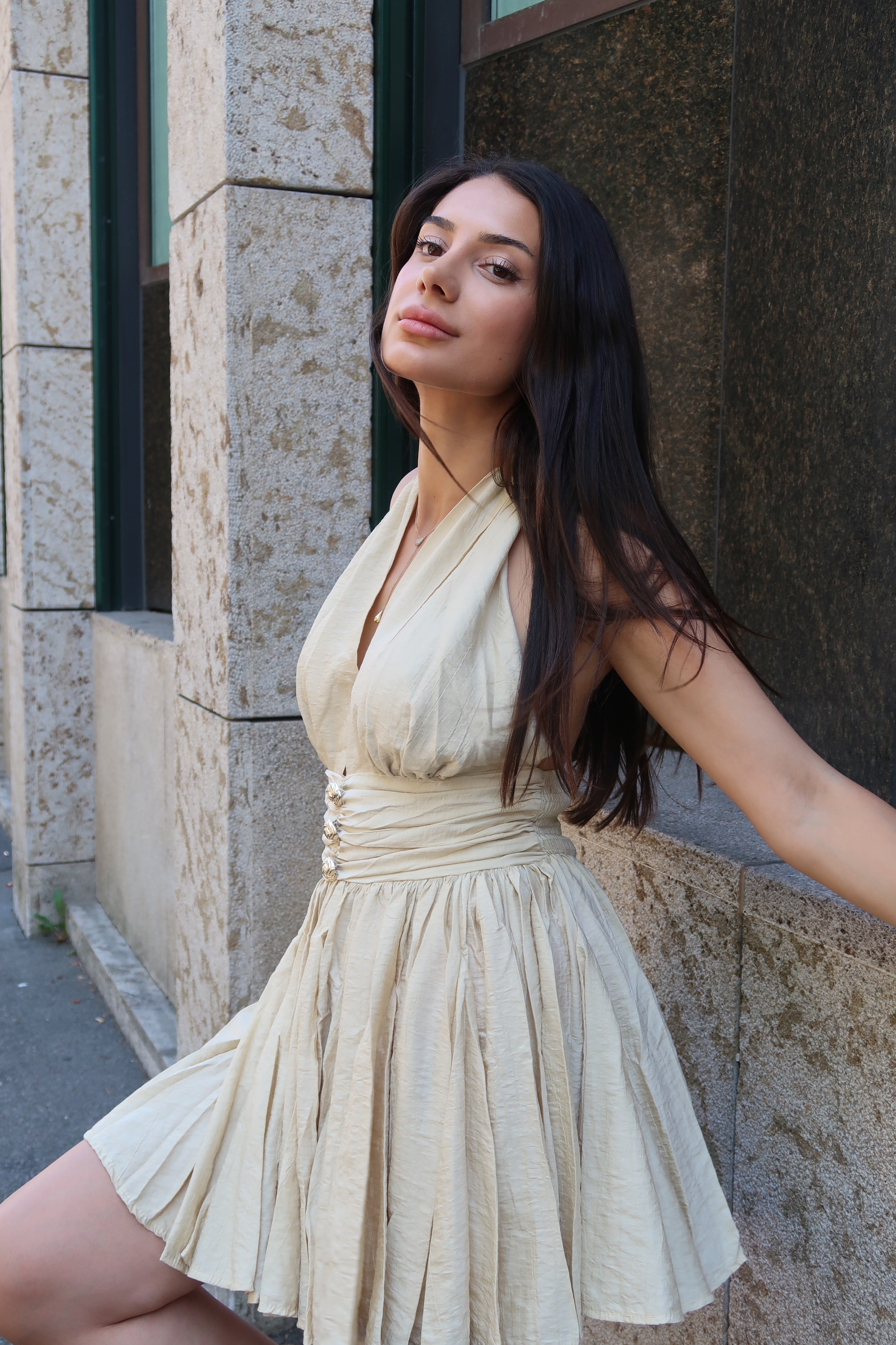 Rosé Allure Mini Dress – Pale Khaki-3