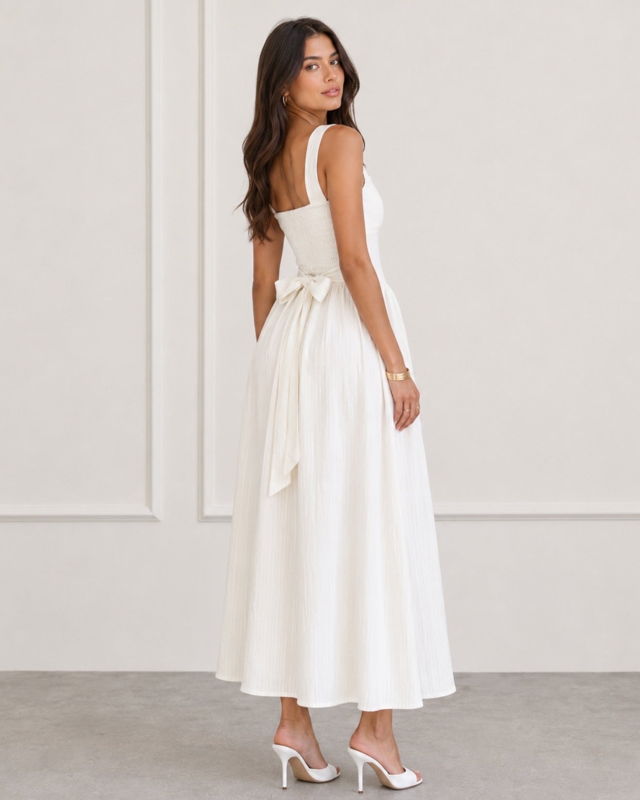White Midi Dress - Grey Pinstripes
