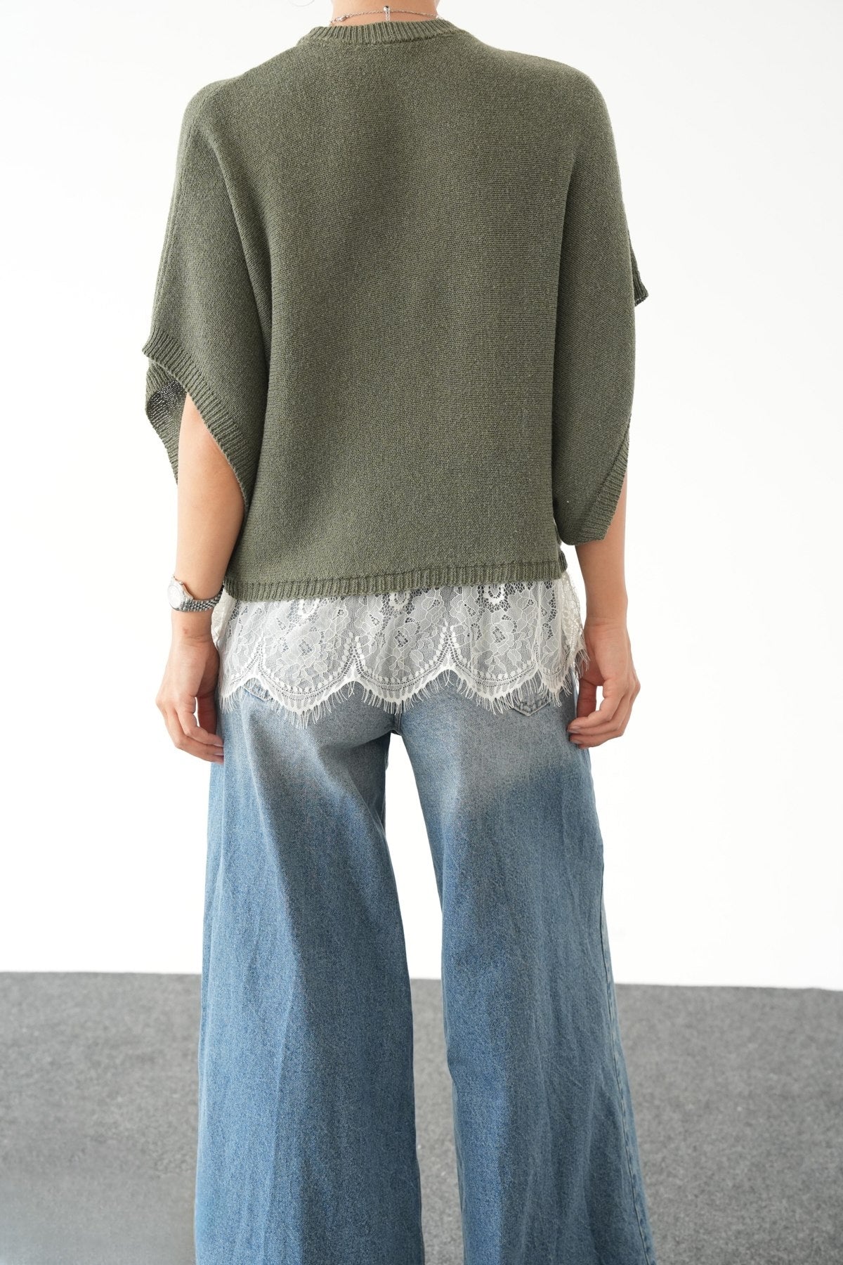 Pullover with Lace Detail - Olive-4