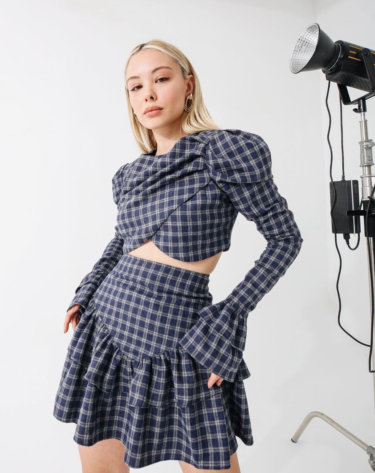 Linda Set – Structured Blouse & Skirt in Navy Check