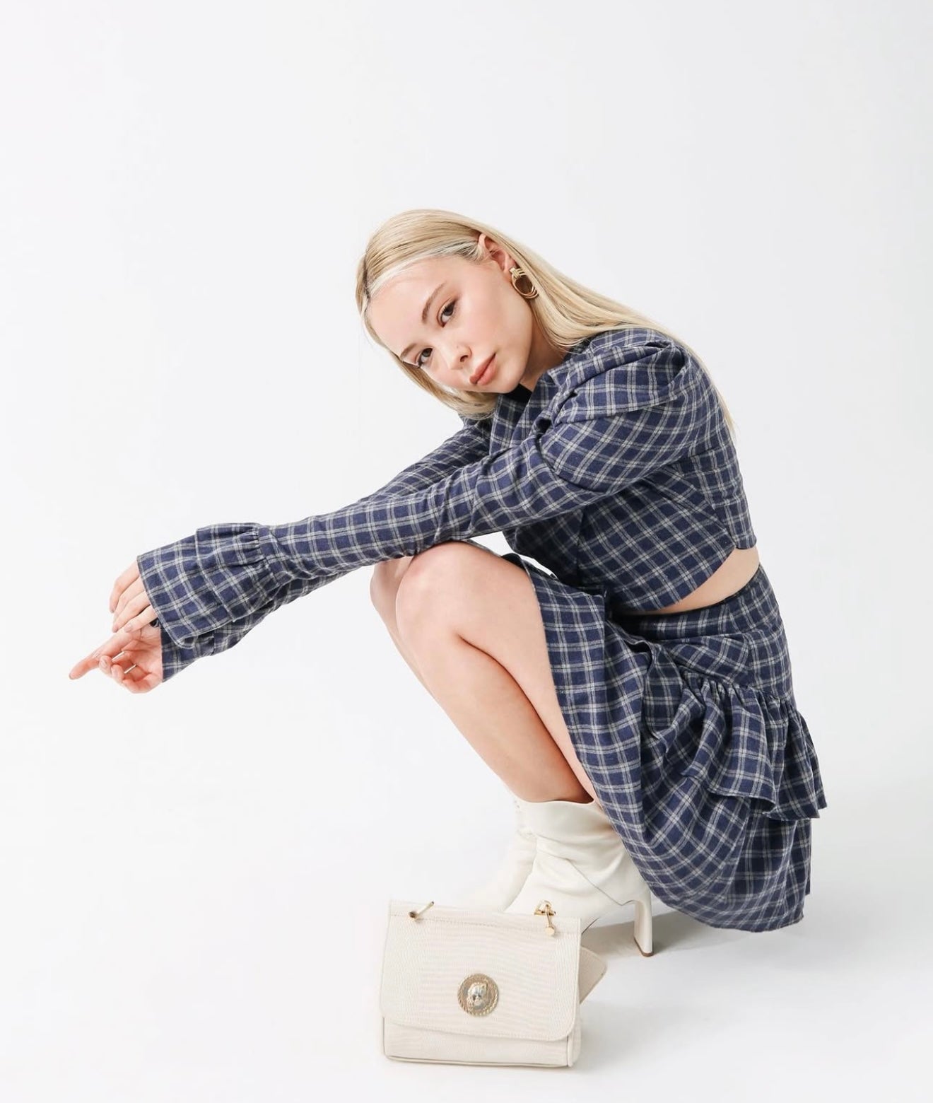 Linda Set – Structured Blouse & Skirt in Navy Check