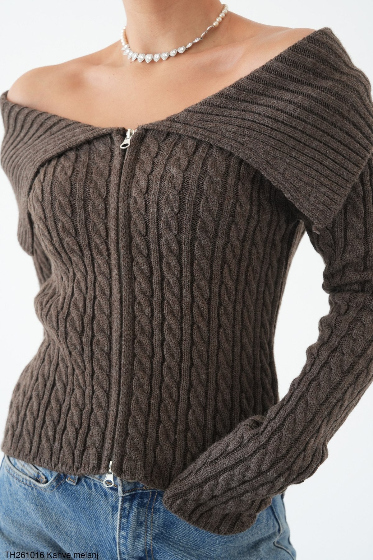 Amely Cable-Knit Zip Sweater – Mocha Brown-3