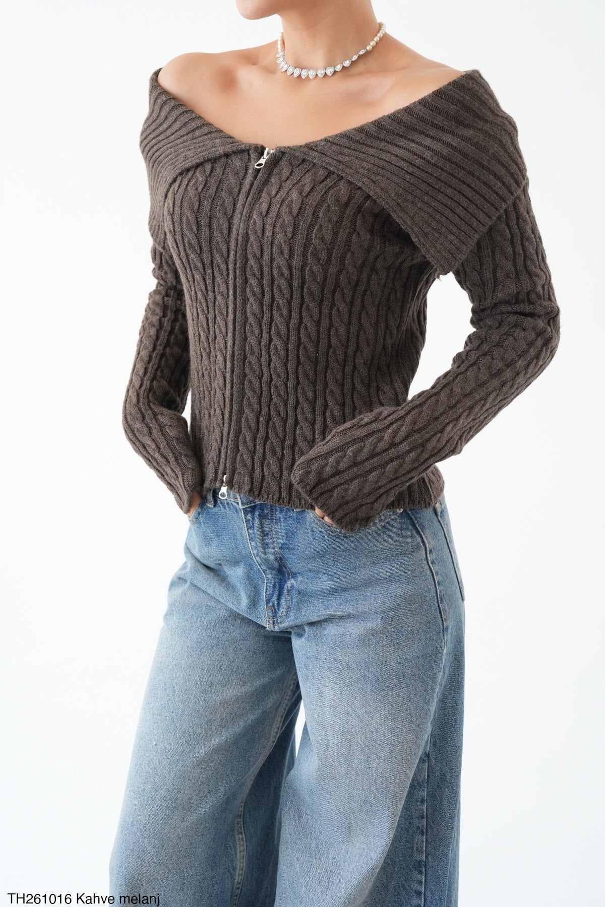 Amely Cable-Knit Zip Sweater – Mocha Brown-4